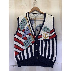 Vintage Bordado Nautical Theme Knit Womens Vest Sailing Theme Size M-6388